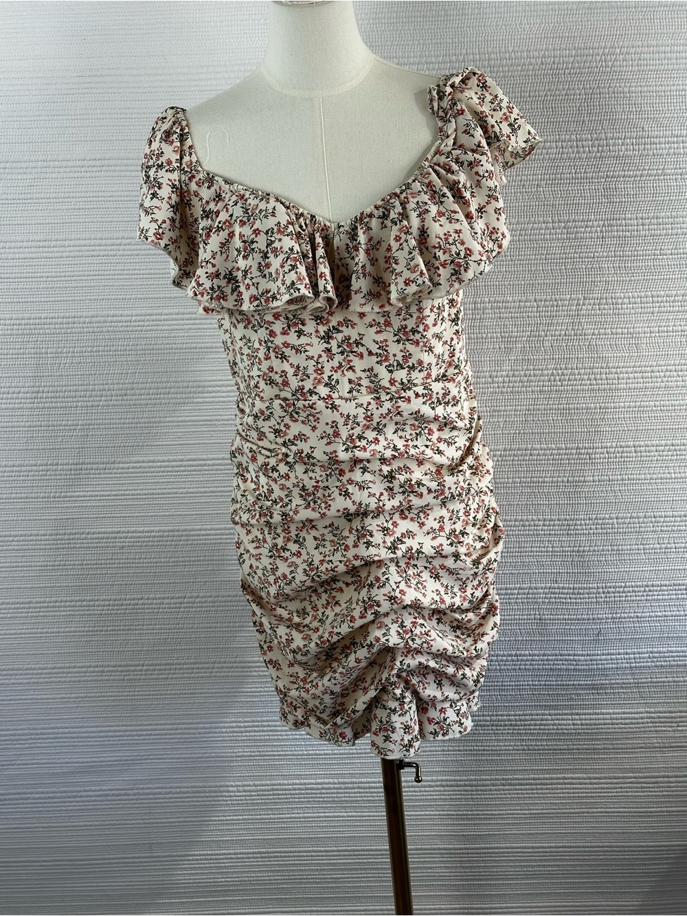 Nasty Gal Floral Ruched Mini Dress Cottagecore Romantic Ruffle Trim Bodycon